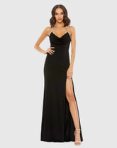 Black Cowl Neck Halter Strap Low Back Gown